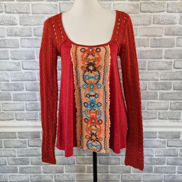Free People Cotton Mohair Blend Boho Tunic Sweater Top Red Oversized XS LS - Picture 1 of 9